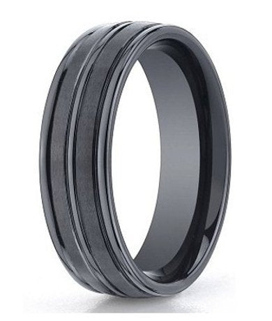 benchmark black seranite wedding band with three polished grooves | 8mm