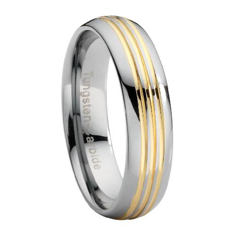 comfort-fit tungsten wedding band with three gold grooves and polished finish – 7 mm